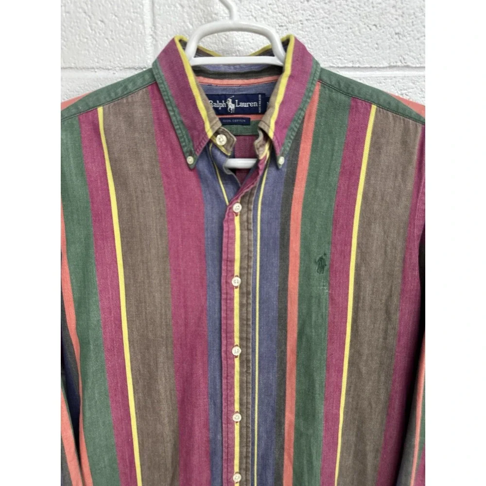 VTG 90s Ralph Lauren Colorful Rainbow Strip Long Sleeve Button Shirt / Men's Med